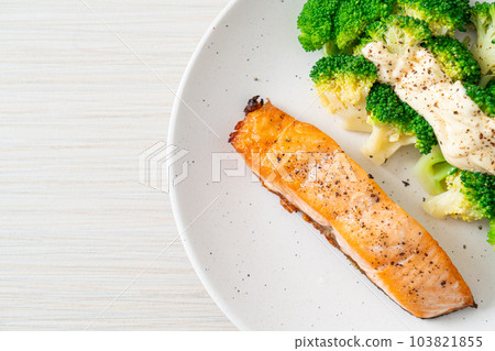 grilled salmon fillet steak with broccoli grilled salmon fillet steak with broccoli 103821855