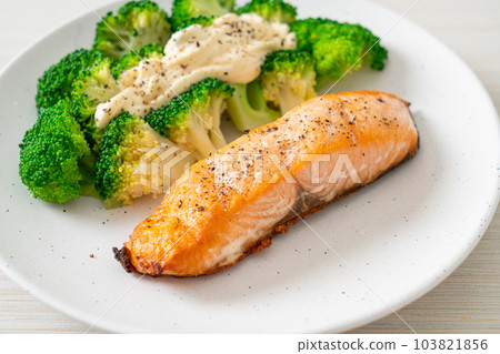 grilled salmon fillet steak with broccoli grilled salmon fillet steak with broccoli 103821856