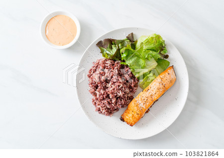 grilled salmon fillet steak with rice berry and vegetable grilled salmon fillet steak with rice berry and vegetable 103821864