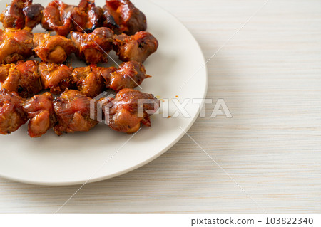 grilled chicken gizzard skewer yakitori serve in izakaya style grilled chicken gizzard skewer yakitori serve in izakaya style 103822340