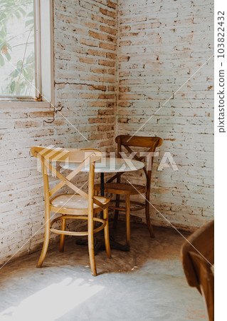 empty wood chair and table in restaurant empty wood chair and table in restaurant 103822432