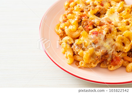 homemade macaroni bolognese with cheese homemade macaroni bolognese with cheese 103822542