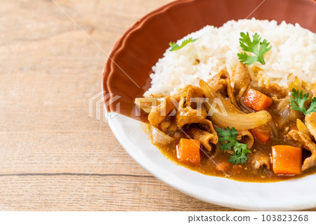 Japanese curry rice with sliced pork, carrot and onions Japanese curry rice with sliced pork, carrot and onions 103823268