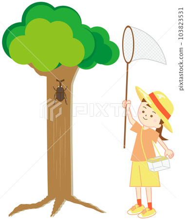 A girl holding a net and hanging an insect cage to catch beetles under a big tree during summer vacation A girl holding a net and hanging an insect cage to catch beetles under a big tree during summer vacation 103823531