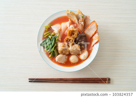 noodles with meatballs in pink soup noodles with meatballs in pink soup 103824357