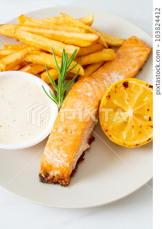 fried salmon fish and chips fried salmon fish and chips 103824412