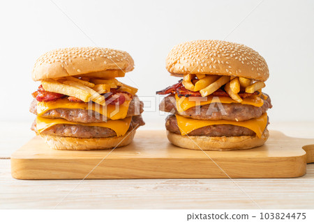 pork burger with cheese, bacon and french fries pork burger with cheese, bacon and french fries 103824475