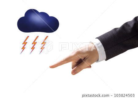Anger, rage and dominion concept. Human hand in business suit with index finger ahead and icons of thunder and lightning, isolated on white. 103824503