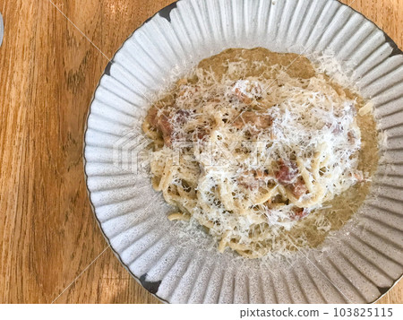Bucatini Cacio e Pepe pasta with bacon Bucatini Cacio e Pepe pasta with bacon 103825115