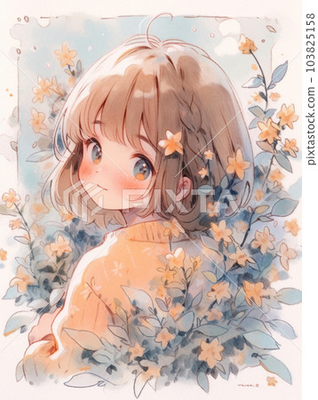 有橙色花的逗人喜愛的女孩 有橙色花的逗人喜愛的女孩 103825158