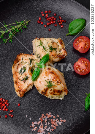 Delicious juicy chicken, turkey skewers with salt, spices and herbs Delicious juicy chicken, turkey skewers with salt, spices and herbs 103826227