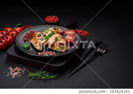 Delicious juicy chicken, turkey skewers with salt, spices and herbs Delicious juicy chicken, turkey skewers with salt, spices and herbs 103826281