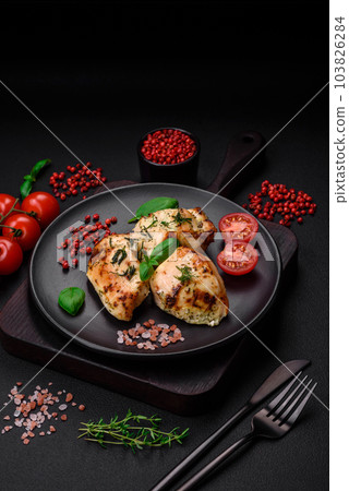 Delicious juicy chicken, turkey skewers with salt, spices and herbs Delicious juicy chicken, turkey skewers with salt, spices and herbs 103826284