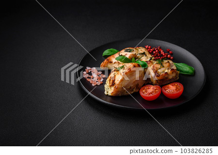 Delicious juicy chicken, turkey skewers with salt, spices and herbs 103826285