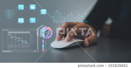 Person using computer mouse for HR and people analytics, transforming the HR landscape for sustainable business success. Deeply data-driven people processes. Data Management System 103826681