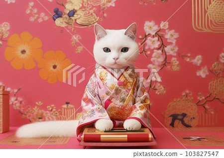 A white cat wearing a kimono sitting in a cute Japanese pattern room: AI work 103827547