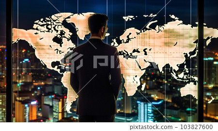 Businessman looking at the world map AI image 103827600