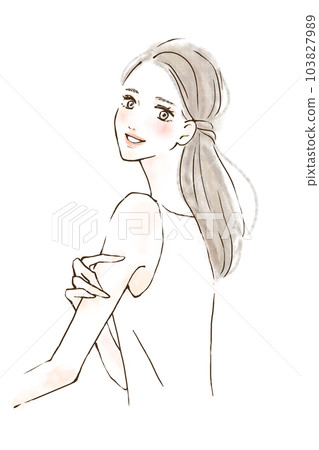 Illustration of a woman touching her arm Simple watercolor touch 103827989