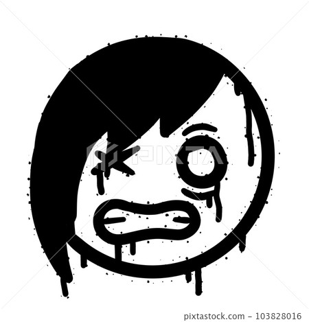 Graffiti grunge face. Cartoon aerosol fun expression. Spray funky paint art with leak and dot. Street art and urban vandalism symbol. Black grungy spill character isolated on white 103828016