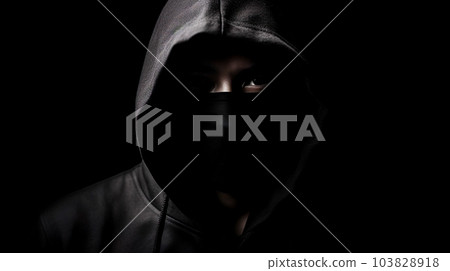 Criminal wearing a black hood "AI generated image" 103828918