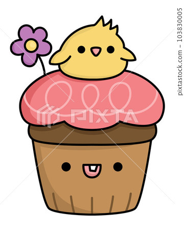 Vector Easter cupcake for kids. Cute kawaii chocolate cup cake with pink icing, flower and chick on top. Funny cartoon character. Traditional spring holiday dessert illustration 103830005