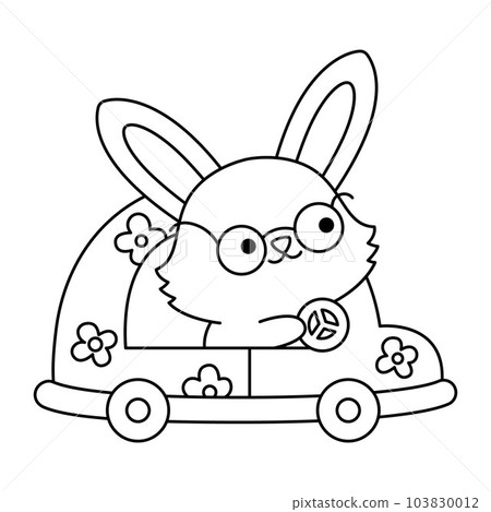 Vector black and white Easter bunny icon for kids. Cute kawaii rabbit illustration or coloring page. Funny cartoon hare character. Traditional spring holiday symbol in glasses driving a green car 103830012