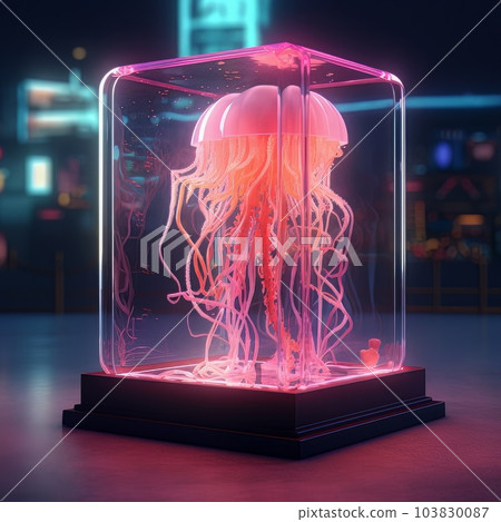 Decorative futuristic neon jellyfish in a transparent glass flask. Ai 103830087
