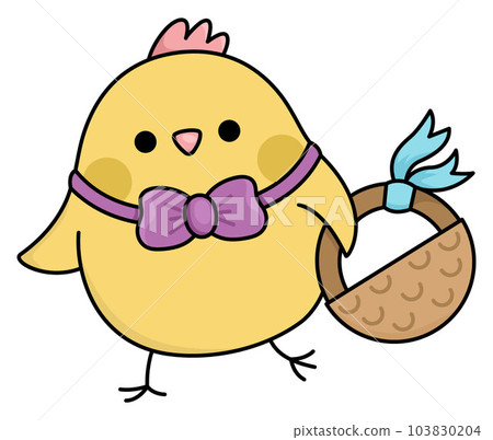 Vector Easter chick icon for kids. Cute kawaii chicken illustration. Funny cartoon bird character. Traditional spring holiday symbol in bow with basket going on egg hunt Vector Easter chick icon for kids. Cute kawaii chicken illustration. Funny cartoon bird character. Traditional spring holiday symbol in bow with basket going on egg hunt 103830204