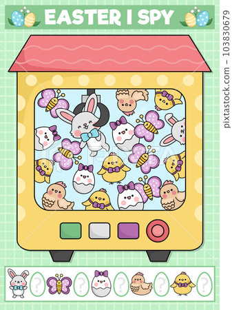 Easter I spy game for kids with toy vending machine. Searching and counting activity with cute kawaii holiday symbols. Spring printable worksheet for preschool children with bunny, eggs, chicks Easter I spy game for kids with toy vending machine. Searching and counting activity with cute kawaii holiday symbols. Spring printable worksheet for preschool children with bunny, eggs, chicks 103830679