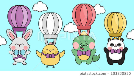 Vector kawaii Easter scene with animals flying on hot air balloons in the sky. Spring cartoon illustration. Cute scenery for kids with bunny, chick, crocodile, panda bear Vector kawaii Easter scene with animals flying on hot air balloons in the sky. Spring cartoon illustration. Cute scenery for kids with bunny, chick, crocodile, panda bear 103830830