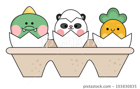 Vector packaging with eggs and hatching kawaii animals. Easter illustration with cute panda bear, crocodile and carrot sitting in shell. Cute spring icon for kids 103830835