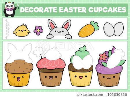 Vector Easter cut and glue activity. Crafting game with cute kawaii cup cakes. Fun spring holiday printable worksheet. Find the right piece of the puzzle. Decorate cupcakes Vector Easter cut and glue activity. Crafting game with cute kawaii cup cakes. Fun spring holiday printable worksheet. Find the right piece of the puzzle. Decorate cupcakes 103830836