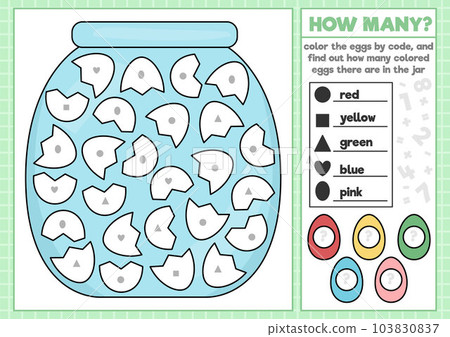 Vector Easter coloring and math puzzle with jar and eggs. Logical printable counting activity for kids. Spring worksheet with cute holiday symbol. Original shape recognition game for children 103830837