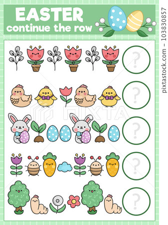 What comes next. Easter matching activity for preschool children with traditional holiday symbols. Funny kawaii puzzle. Spring holiday logical worksheet. Continue the row game What comes next. Easter matching activity for preschool children with traditional holiday symbols. Funny kawaii puzzle. Spring holiday logical worksheet. Continue the row game 103830857