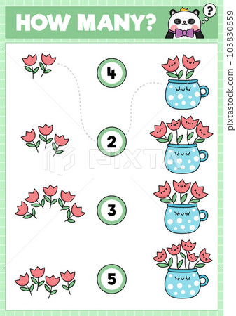 Spring matching game with cute kawaii tulips in cup. Garden math activity for preschool kids. Educational printable Easter counting worksheet with cartoon flowers in pot 103830859