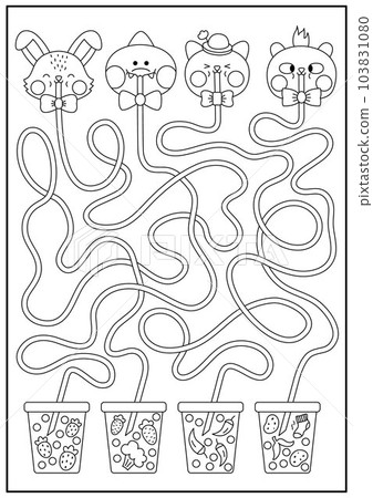 Kawaii black and white maze for kids. Preschool printable activity with cute animals drinking bubble tea with different tastes. Labyrinth game or coloring page with fancy drinks with carrot, Kawaii black and white maze for kids. Preschool printable activity with cute animals drinking bubble tea with different tastes. Labyrinth game or coloring page with fancy drinks with carrot, 103831080