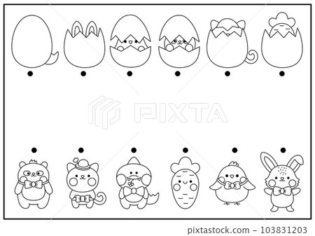 Easter black and white matching activity for children with kawaii animals hiding in eggs. Fun spring holiday puzzle with cute hatching bunny, chick. Printable worksheet or coloring page for kids Easter black and white matching activity for children with kawaii animals hiding in eggs. Fun spring holiday puzzle with cute hatching bunny, chick. Printable worksheet or coloring page for kids 103831203