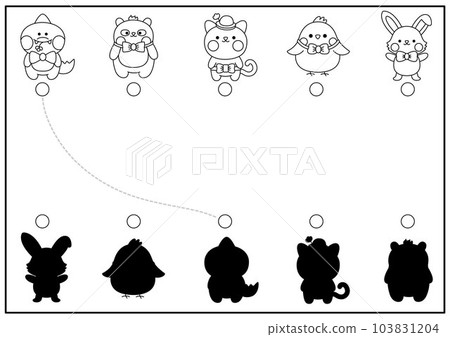 Easter black and white shadow matching activity with cute kawaii animals. Spring holiday shape recognition puzzle. Find correct silhouette printable worksheet. Garden coloring page Easter black and white shadow matching activity with cute kawaii animals. Spring holiday shape recognition puzzle. Find correct silhouette printable worksheet. Garden coloring page 103831204