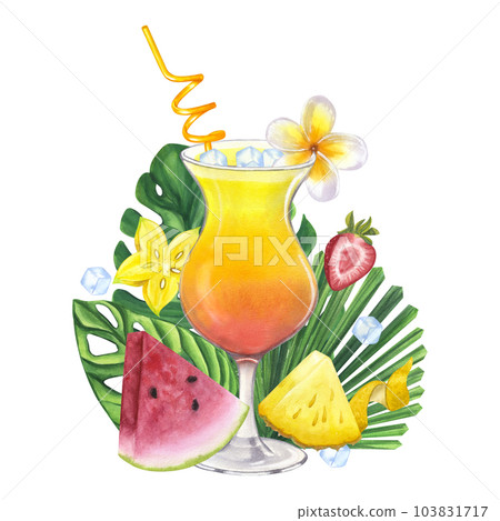 Cocktail Sex on the beach, Tequila Sunrise. Tropical leaves. Cherry, pineapple. Hand drawn watercolor illustration isolated on white background. Design element for bar restaurant menu Cocktail Sex on the beach, Tequila Sunrise. Tropical leaves. Cherry, pineapple. Hand drawn watercolor illustration isolated on white background. Design element for bar restaurant menu 103831717