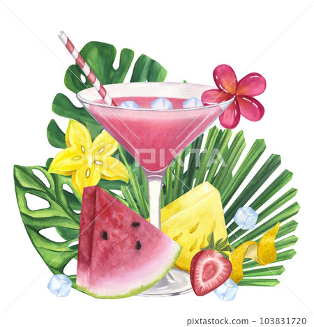 Pink cocktail glass fresh juicy or alcoholic Cosmopolitan. Strawberry, lemon. Tropical leaves Licuala. Hand drawn watercolor illustration isolated on white background. For bar restaurant menu Pink cocktail glass fresh juicy or alcoholic Cosmopolitan. Strawberry, lemon. Tropical leaves Licuala. Hand drawn watercolor illustration isolated on white background. For bar restaurant menu 103831720