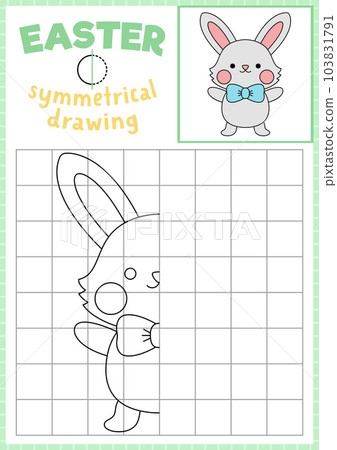 Easter symmetrical drawing worksheet. Complete the bunny picture. Vector spring holiday writing practice worksheet. Printable black and white activity for preschool kids. Copy the picture 103831791