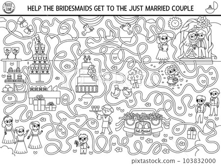 Wedding black and white maze for kids with bride, groom, cake, bridesmaids. Preschool printable activity with marriage ceremony scene. Matrimonial labyrinth coloring page Wedding black and white maze for kids with bride, groom, cake, bridesmaids. Preschool printable activity with marriage ceremony scene. Matrimonial labyrinth coloring page 103832000