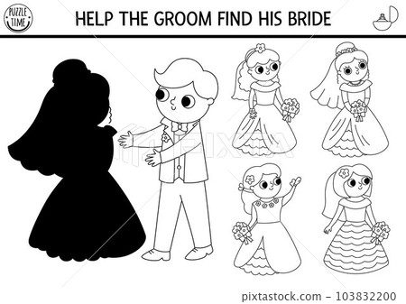 Wedding black and white shadow matching activity with bride and groom. Marriage ceremony puzzle with cute just married couple. Find correct silhouette printable worksheet or coloring page Wedding black and white shadow matching activity with bride and groom. Marriage ceremony puzzle with cute just married couple. Find correct silhouette printable worksheet or coloring page 103832200