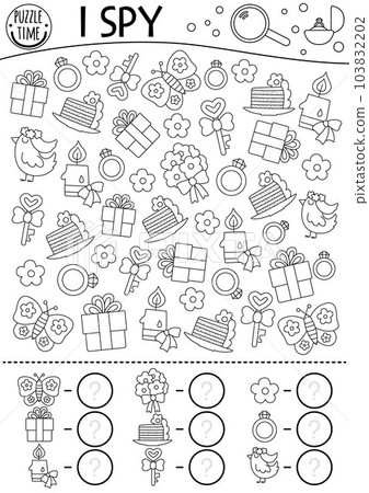 Wedding black and white I spy game for kids. Searching and counting activity with symbols. Marriage ceremony printable worksheet or coloring page. Simple spotting puzzle with bride, groom Wedding black and white I spy game for kids. Searching and counting activity with symbols. Marriage ceremony printable worksheet or coloring page. Simple spotting puzzle with bride, groom 103832202