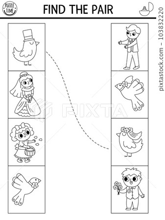 Wedding matching activity. Fun black and white puzzle or coloring page with cute just married couples. Marriage ceremony educational game, printable worksheet for kids. Find the pair Wedding matching activity. Fun black and white puzzle or coloring page with cute just married couples. Marriage ceremony educational game, printable worksheet for kids. Find the pair 103832220