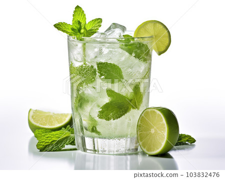 Generative ai illustration of glass of mojito cocktail with lemon and mint 103832476