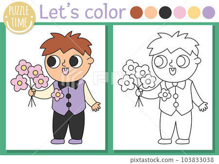 Wedding coloring page for children with cute boy in smart suit giving flowers. Vector marriage ceremony color book for kids with colored example. Drawing skills printable worksheet 103833038
