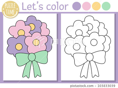 Coloring page for children with cute wedding or spring bouquet. Vector marriage ceremony color book for kids with flower arrangement and colored example. Drawing skills printable worksheet 103833039