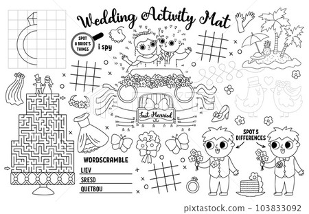 Vector wedding placemat for kids. Marriage ceremony printable activity mat with maze, tic tac toe charts, connect the dot, find difference. Bridal shower black and white play mat, coloring page Vector wedding placemat for kids. Marriage ceremony printable activity mat with maze, tic tac toe charts, connect the dot, find difference. Bridal shower black and white play mat, coloring page 103833092