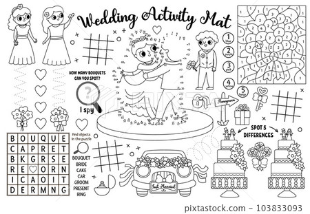 Vector wedding placemat for kids. Marriage ceremony printable activity mat with maze, tic tac toe charts, connect the dot, find difference. Bridal shower black and white play mat, coloring page Vector wedding placemat for kids. Marriage ceremony printable activity mat with maze, tic tac toe charts, connect the dot, find difference. Bridal shower black and white play mat, coloring page 103833093